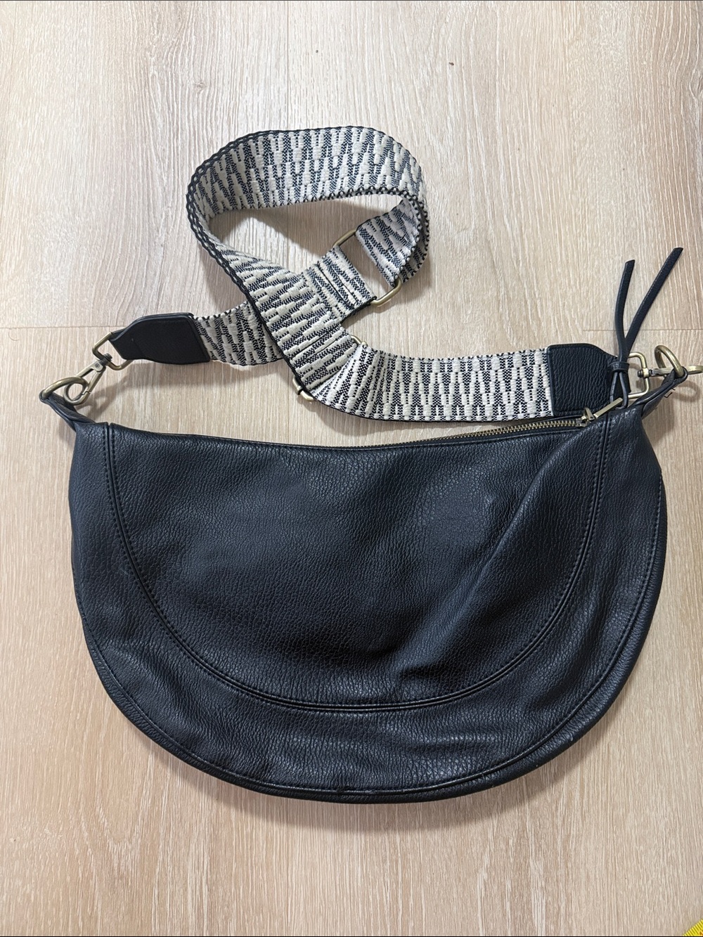 Anthropologie Black Leather Crescent Shoulder Bag with Patterned Strap